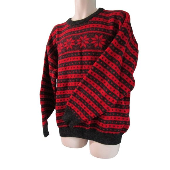 Bouviac Norway Fair Isle Oversize Unisex Sweater Medium EUC Wool Red Charcoal - Picture 8 of 16